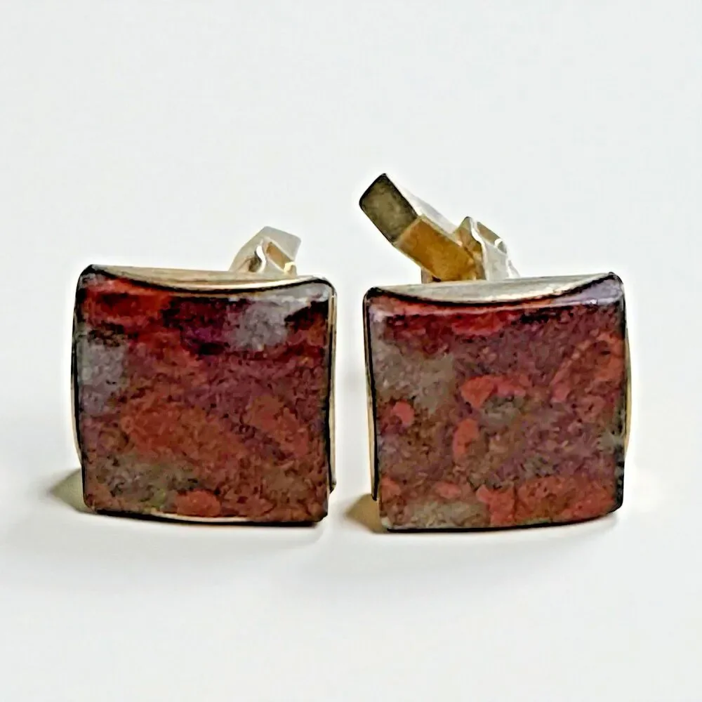 Vintage Square Cufflinks Marbled Red Brown Inlay Goldtone 0.5 inch